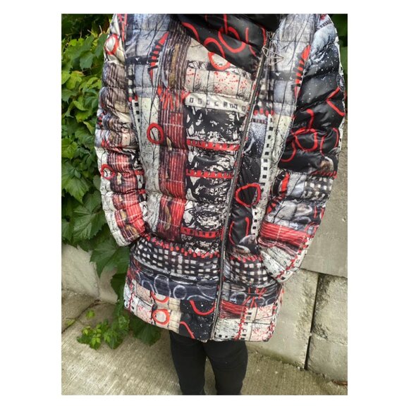 Simply Art Dolcezza Long Red Jacket Coat Large Abstract Pattern Jacket Canadian - Picture 7 of 14